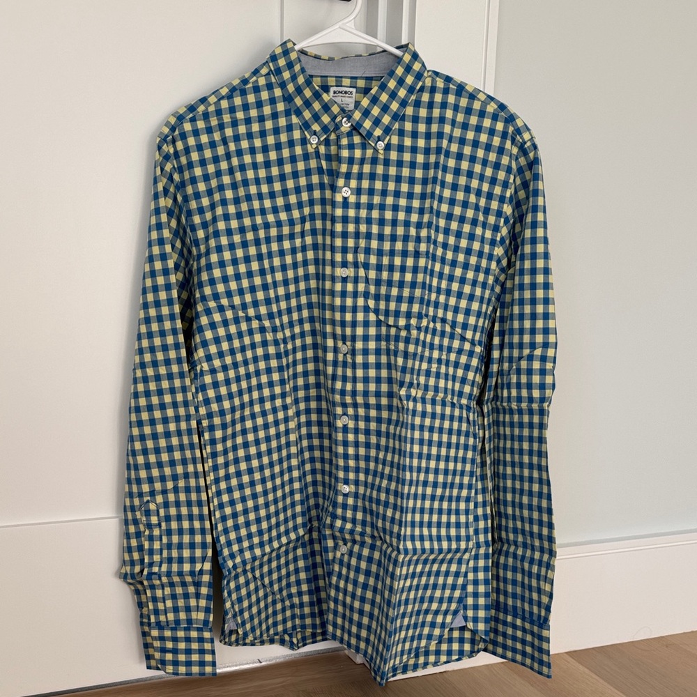Men’s Bonobos Blue and Yellow Gingham Plaid Casual Button Down Slim Fit Shirt